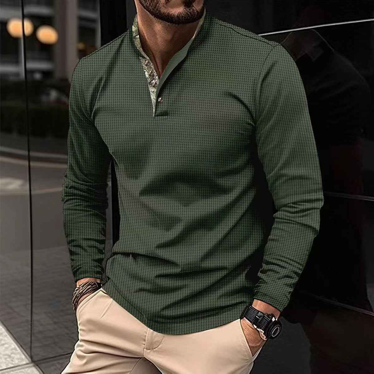 Men's Waffle Knit Long Sleeve Polo - Double Layer Lapel - Urbane Boujee™ - Stylish & Comfortable