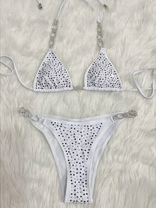 Luxury Diamond Bikini Set Sexy Swimwear Women Shiny Bathing Suit Halter Two-Piece Lace Up Swimsuit Split Black Biquinis