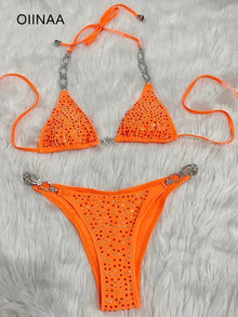 Luxury Diamond Bikini Set Sexy Swimwear Women Shiny Bathing Suit Halter Two-Piece Lace Up Swimsuit Split Black Biquinis
