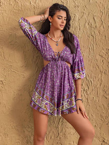 Tied Front Cutout Printed Romper
