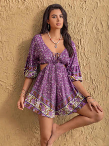 Tied Front Cutout Printed Romper